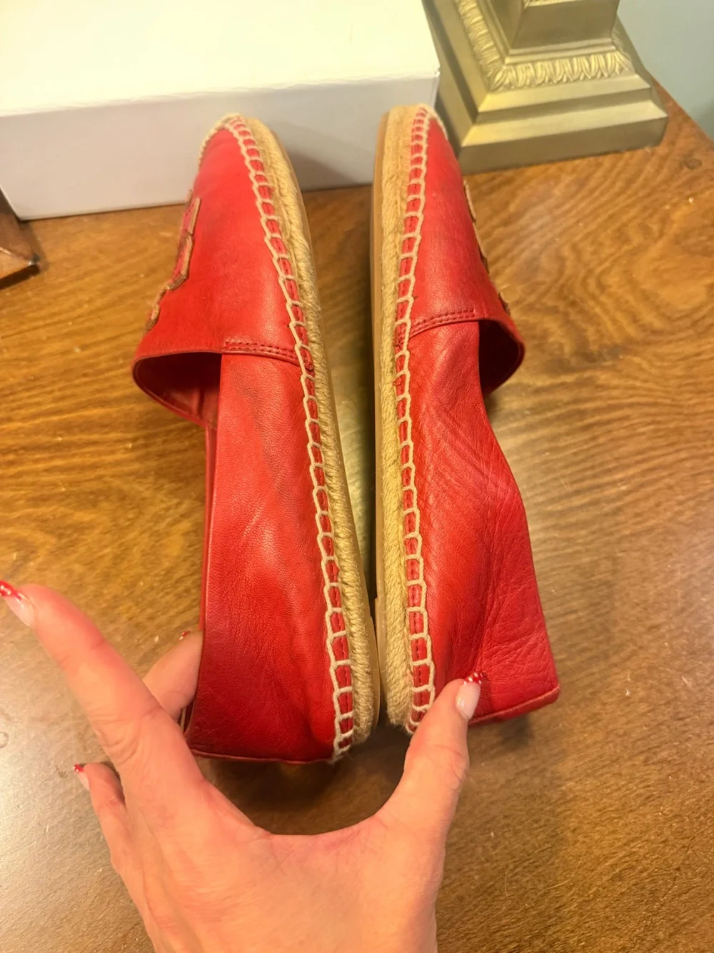 Tory Burch Ines Red Leather Logo Espadrilles Size 8.5